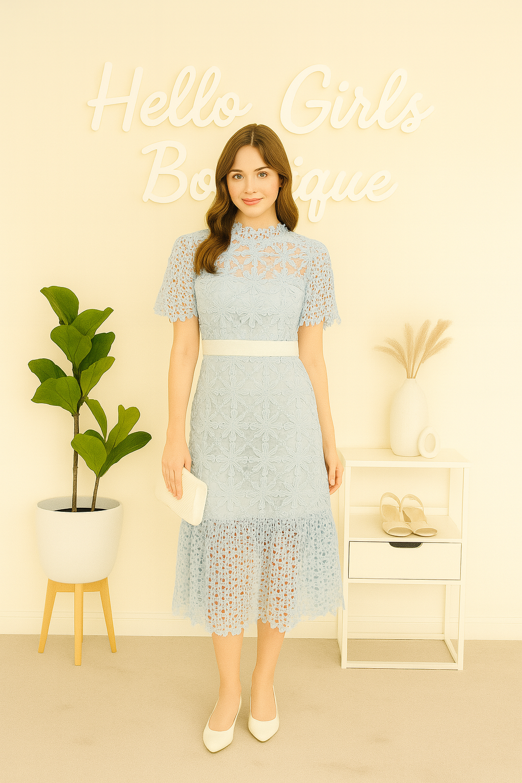 Sky Blue Floral Lace Midi Dress with Sheer Detail