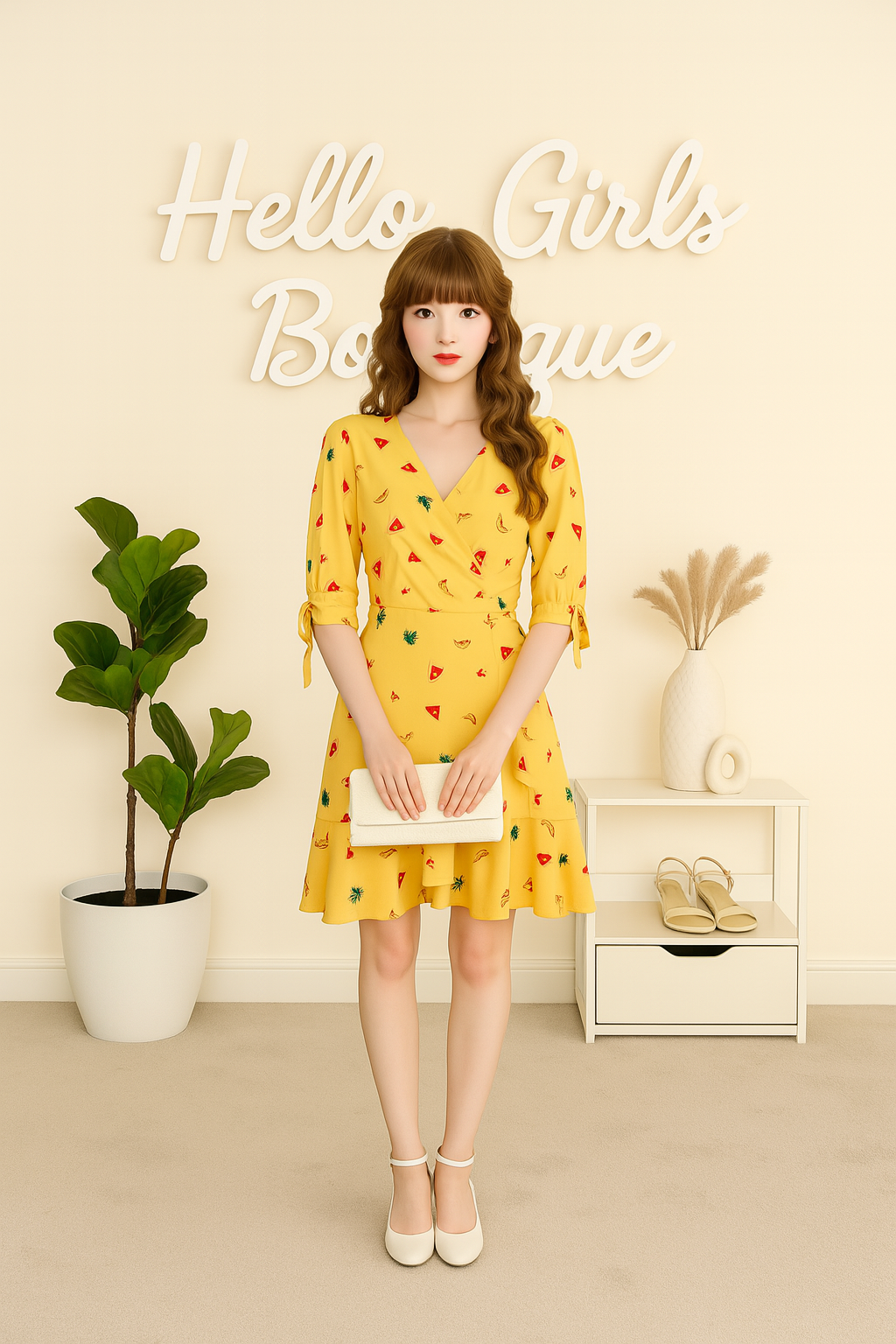 Yellow Wrap Dress with Fun Fruit Print & Tie Sleeve Detail