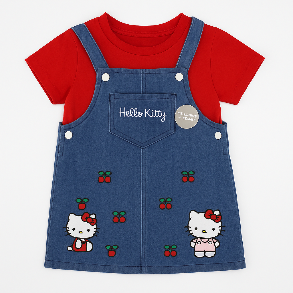 Hello Kitty Denim Jumper Dress Set with Red Tee – Cute Cherry Print for Girls