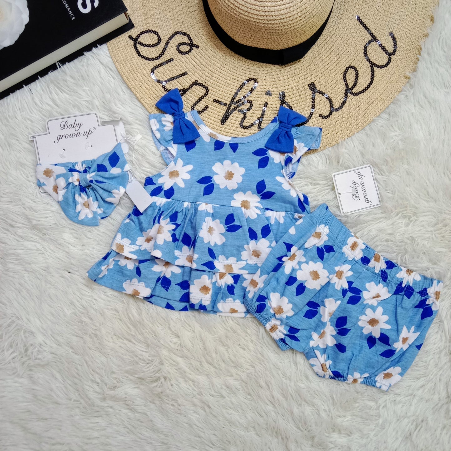 Blue Floral Baby Girl Set with Ruffled Top, Bloomers & Headband