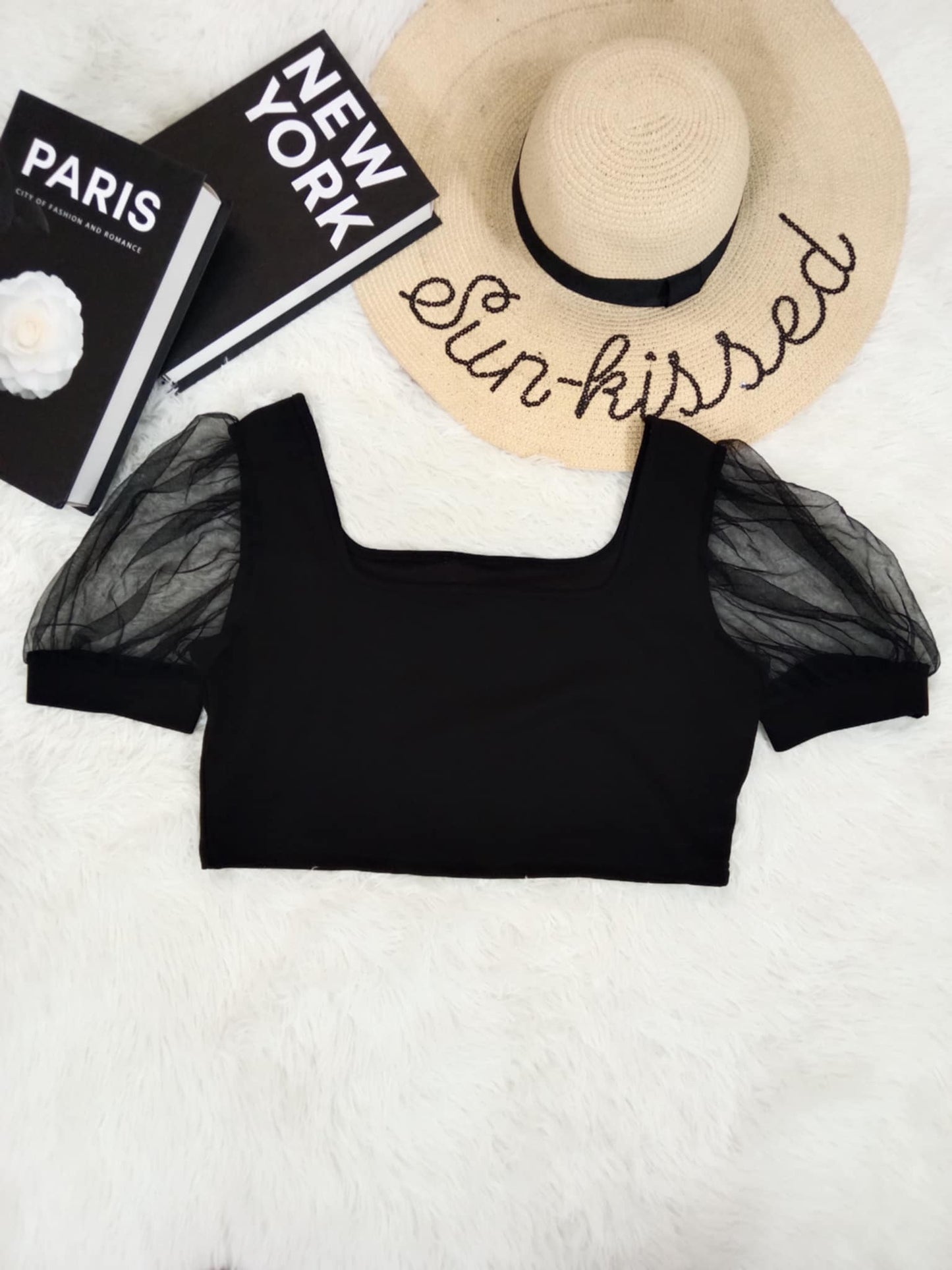 Square Neck Puff Mesh Sleeve Crop Top