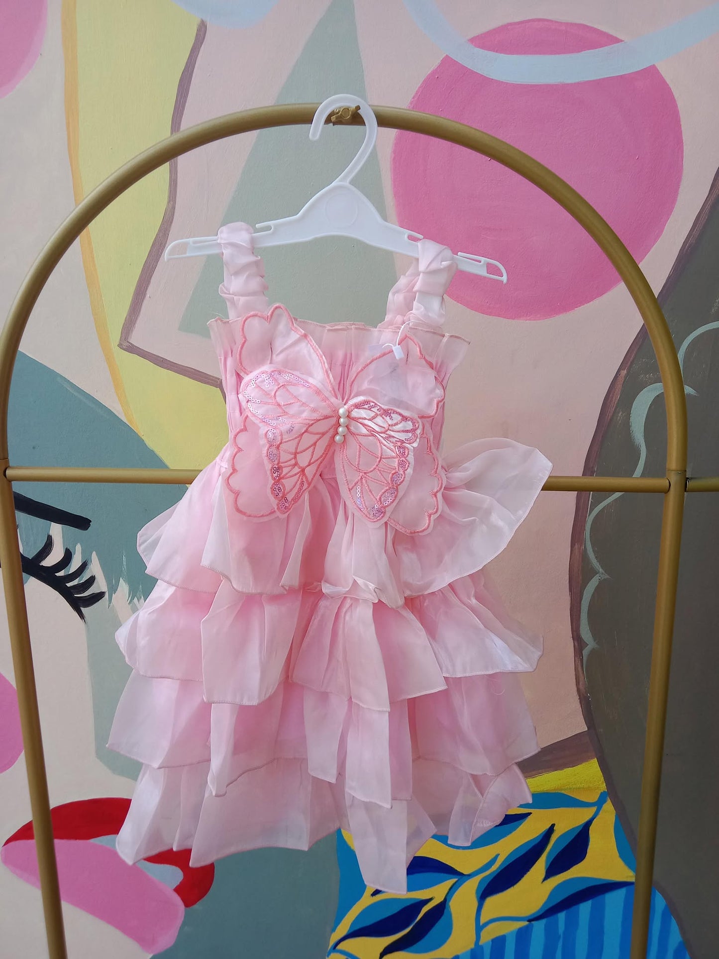 Butterfly Ruffle Dress for Girls – Layered Tulle Party Dress with Pearls