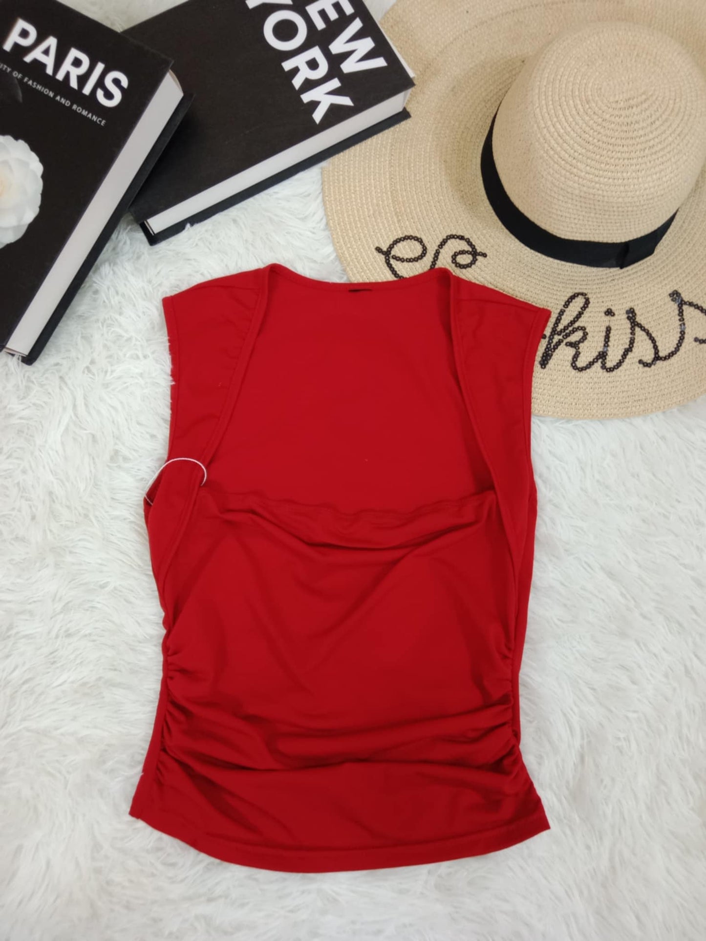 Sleek Red Ruched Sleeveless Top
