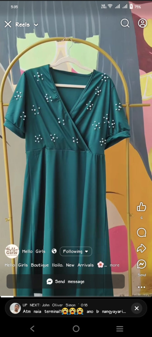 Elegant Pearl Embellished Midi Dress with V-Neck Wrap Design