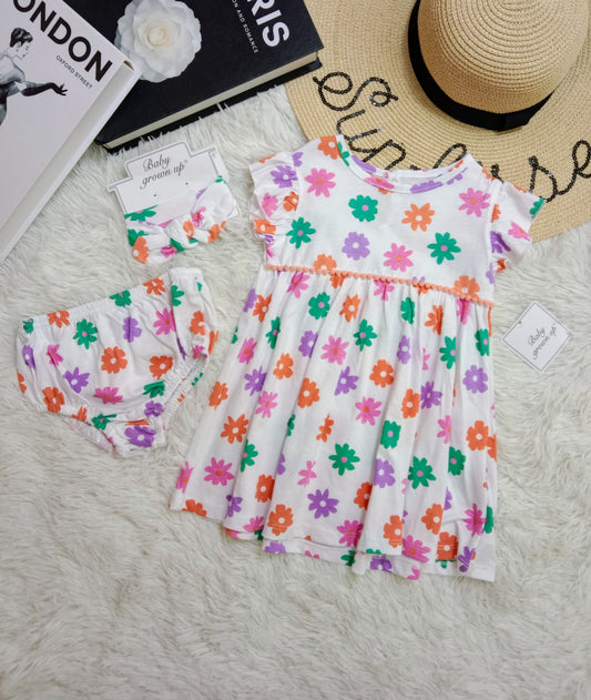3-Piece Colorful Daisy Baby Girl Set – Dress, Bloomers & Headband