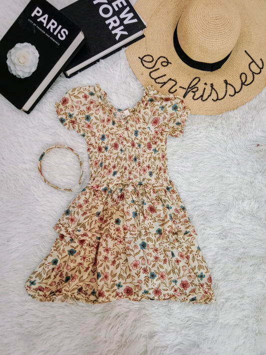 Girls’ Smocked Floral Puff Sleeve Dress with Matching Headband
