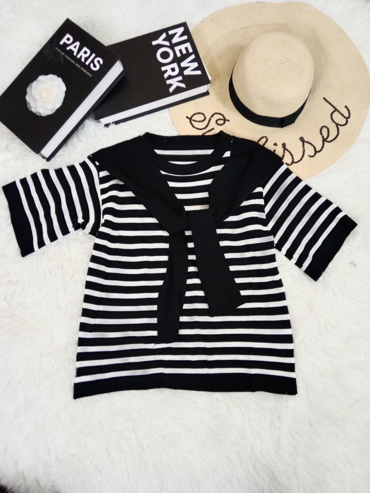 Striped Knit Tee with Sweater Accent