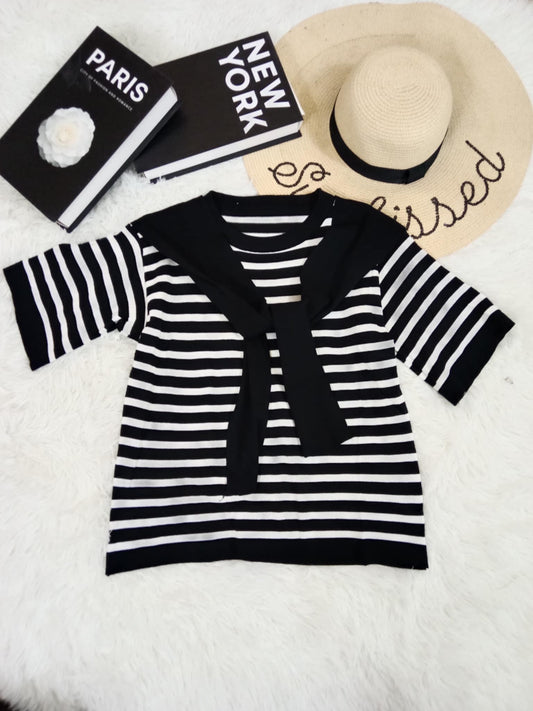 Striped Knit Tee with Sweater Accent