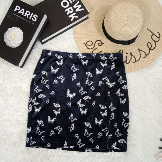 Black Velvet Mini Skirt with White Butterfly Print