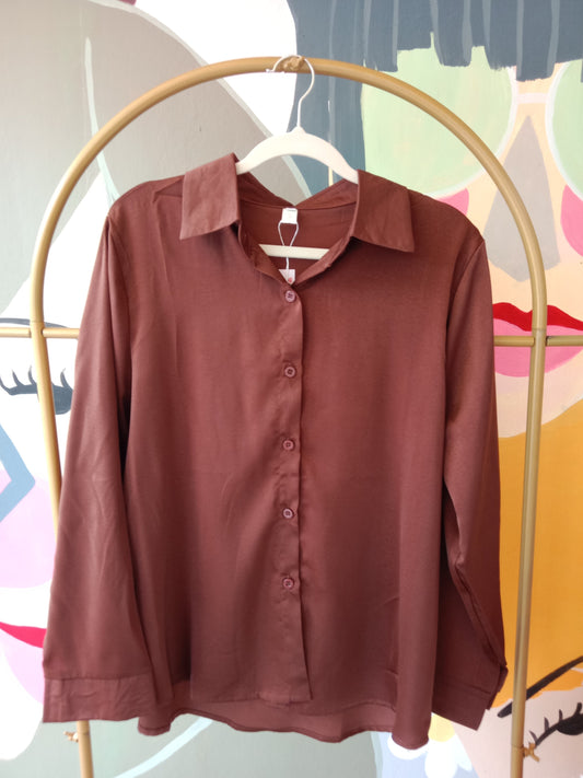 Classic Satin Button-Down Blouse – Long Sleeve Collared Top