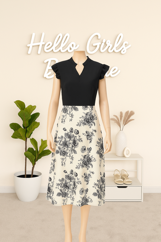 Black and White Floral Maxi Dress with Ruffle Sleeves