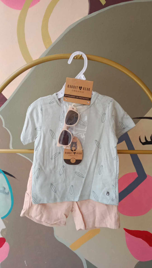 Rabbit + Bear Organic Baby Set with Printed Tee, Shorts & UV Sunglasses