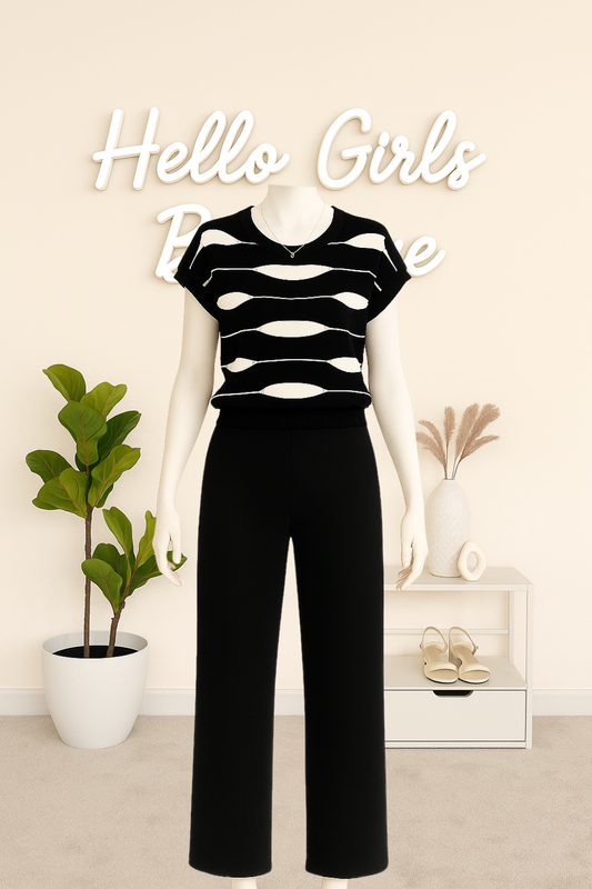 Wave Knit Top & Tailored Wide-Leg Pants Set