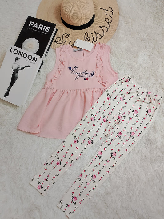 Chic Calvin Klein Pink Ruffle Top & Floral Leggings Set for Girls