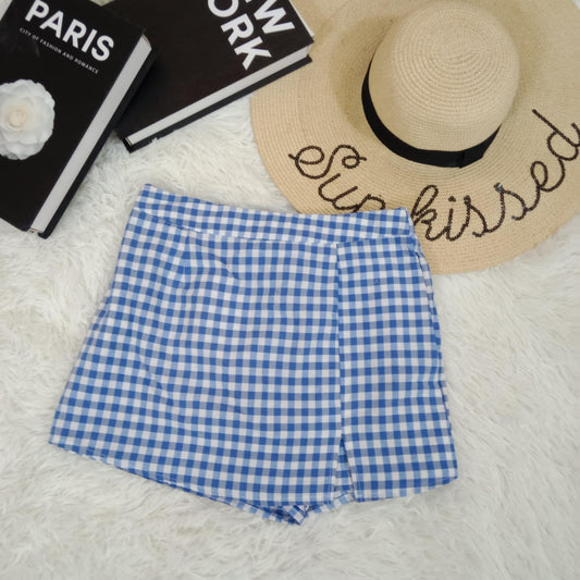 Blue and White Gingham Skort with Overlap Front