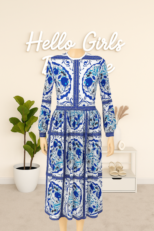 Royal Blue Baroque Long Sleeve Dress