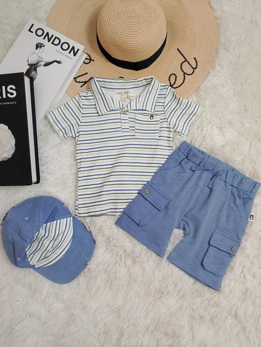 Striped Polo Shirt, Cargo Shorts & Cap Set for Boys