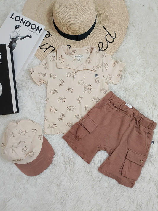 Neutral Cartoon Polo Shirt, Rust Cargo Shorts & Cap