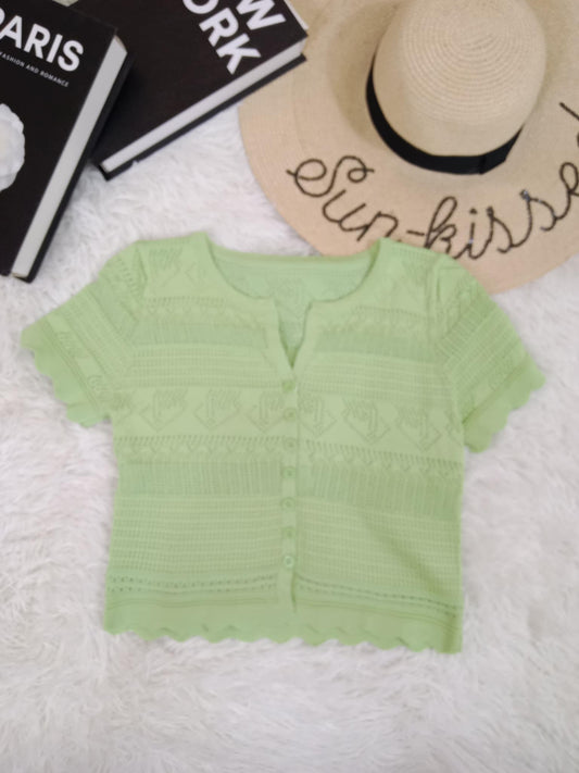 Scallop Hem Button-Up Knit Top with Lace Detail