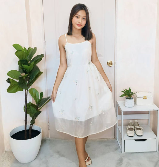 White Sleeveless Embroidered Midi Dress with Sheer Hem