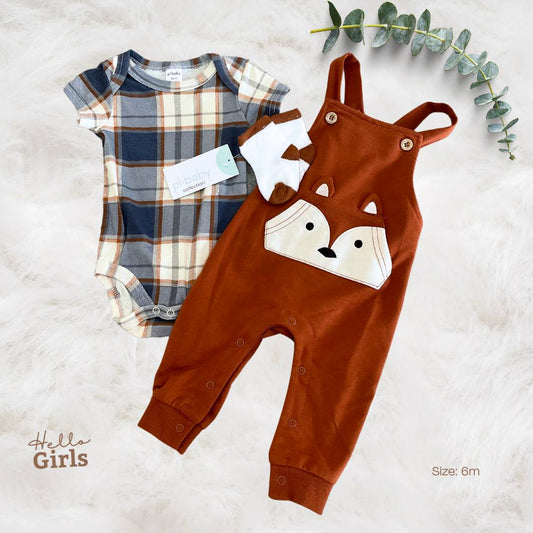 3-Piece Baby Romper and Fox Overalls Set with Socks