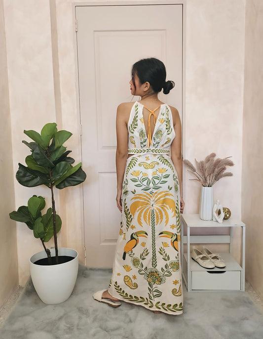 Tropical Toucan Print Halter Maxi Dress