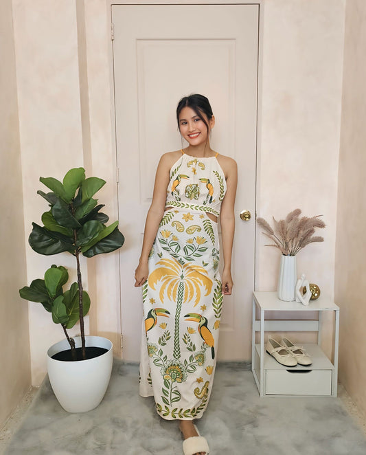 Tropical Toucan Print Halter Maxi Dress