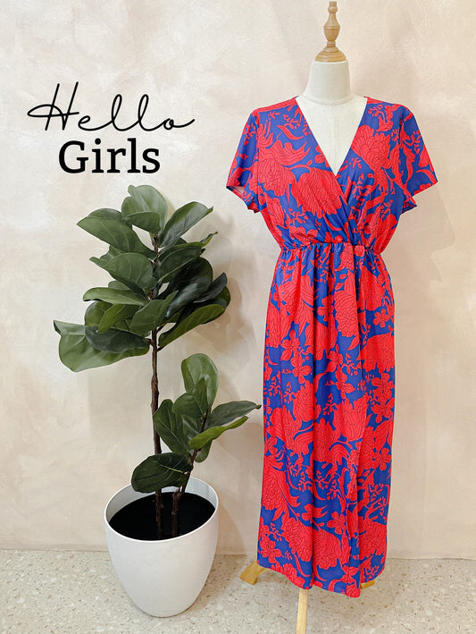 Bold Floral Wrap Maxi Dress in Red and Blue