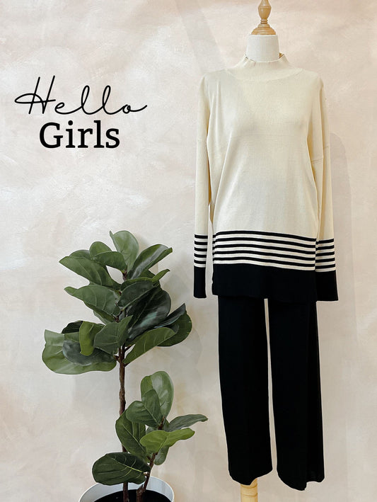 Chic Striped Knit Top and Wide-Leg Pants Set for Women