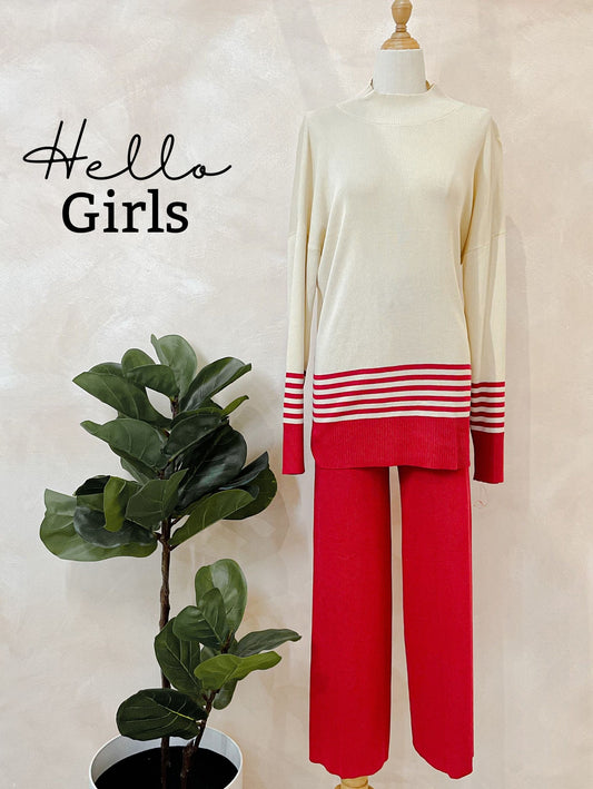 Chic Striped Knit Top and Wide-Leg Pants Set for Women