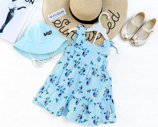 Bluey-Inspired Sleeveless Dress with Matching Bucket Hat for Girls
