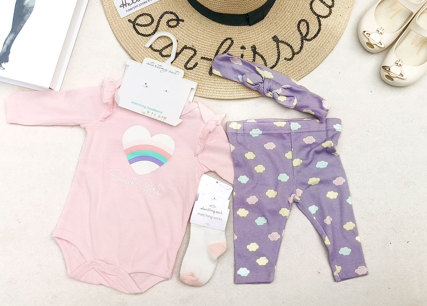 Sweet Girl” Bodysuit, Cloud Leggings, Headband & Socks