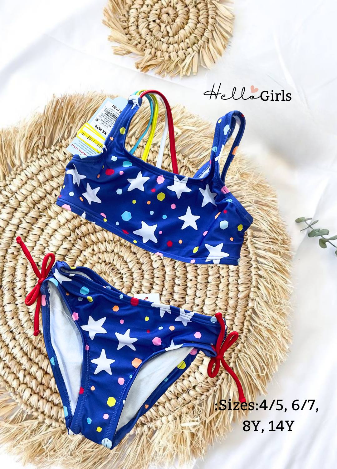 Girls' Star & Confetti Print Two-Piece Swimsuit – Navy Bikini with Rainbow Straps