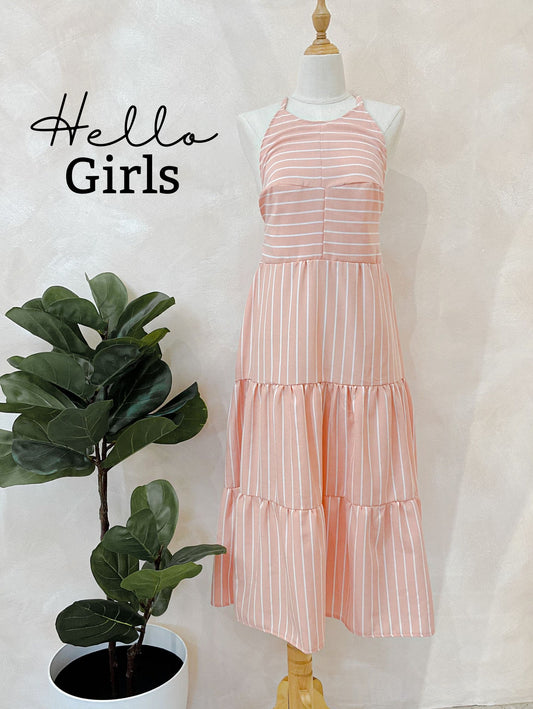 Halter Neck Striped Tiered Midi Dress