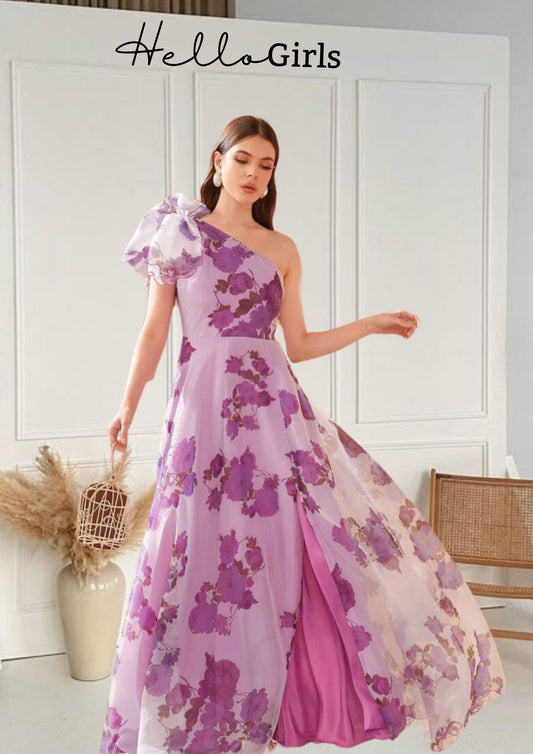 One-Shoulder Floral Maxi Dress with Statement Bow