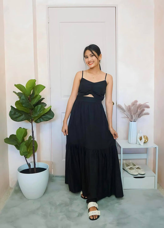 Chic Black Cutout Crop Top and Maxi Skirt