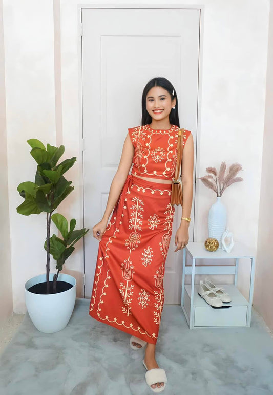 Elegant Printed Crop Top and Wrap Skirt Co-Ord