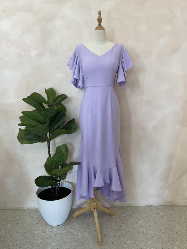 Lavender Ruffle Sleeve Midi Dress – V-Neck Flowy Hem Gown