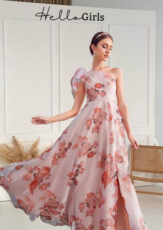 One-Shoulder Floral Maxi Dress with Statement Bow