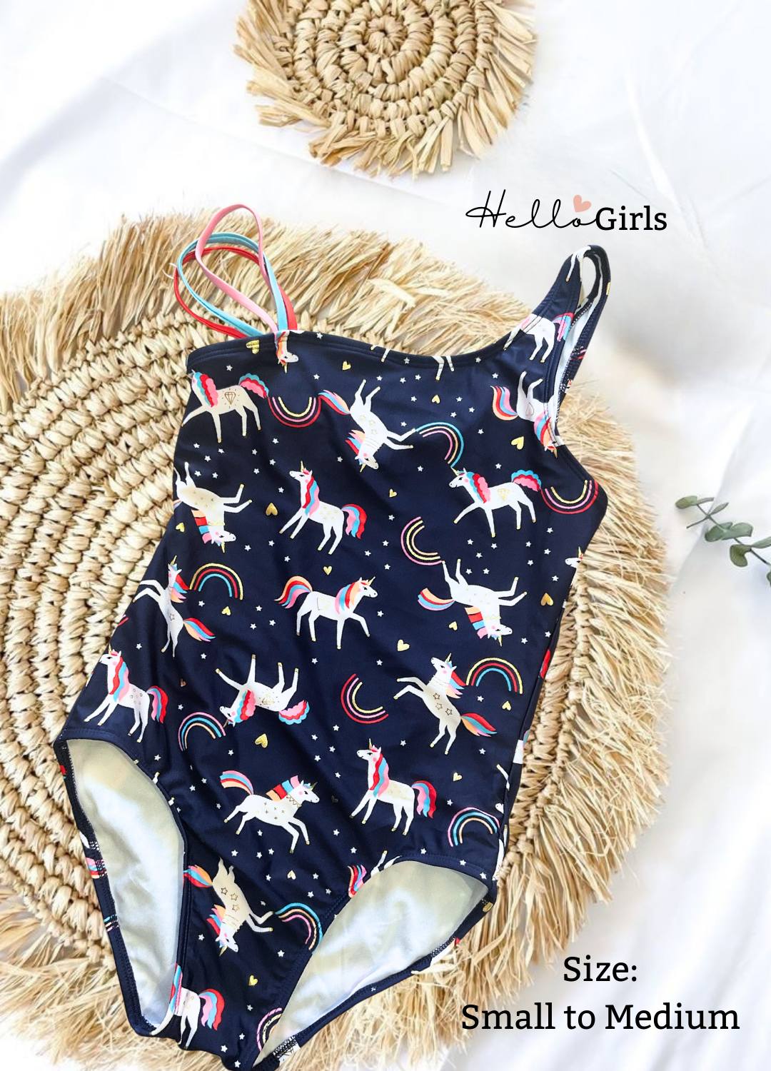Girls' Unicorn & Rainbow One-Piece Swimsuit – Navy Fantasy Print with Multicolor Straps