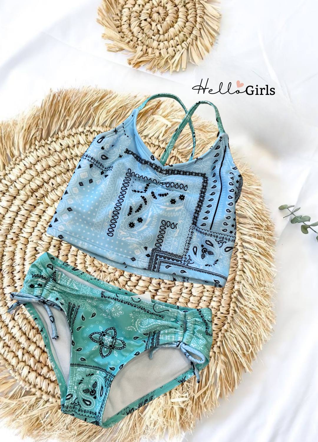 Patchwork Bandana Print Two-Piece Swimsuit for Girls – Blue & Teal Mix