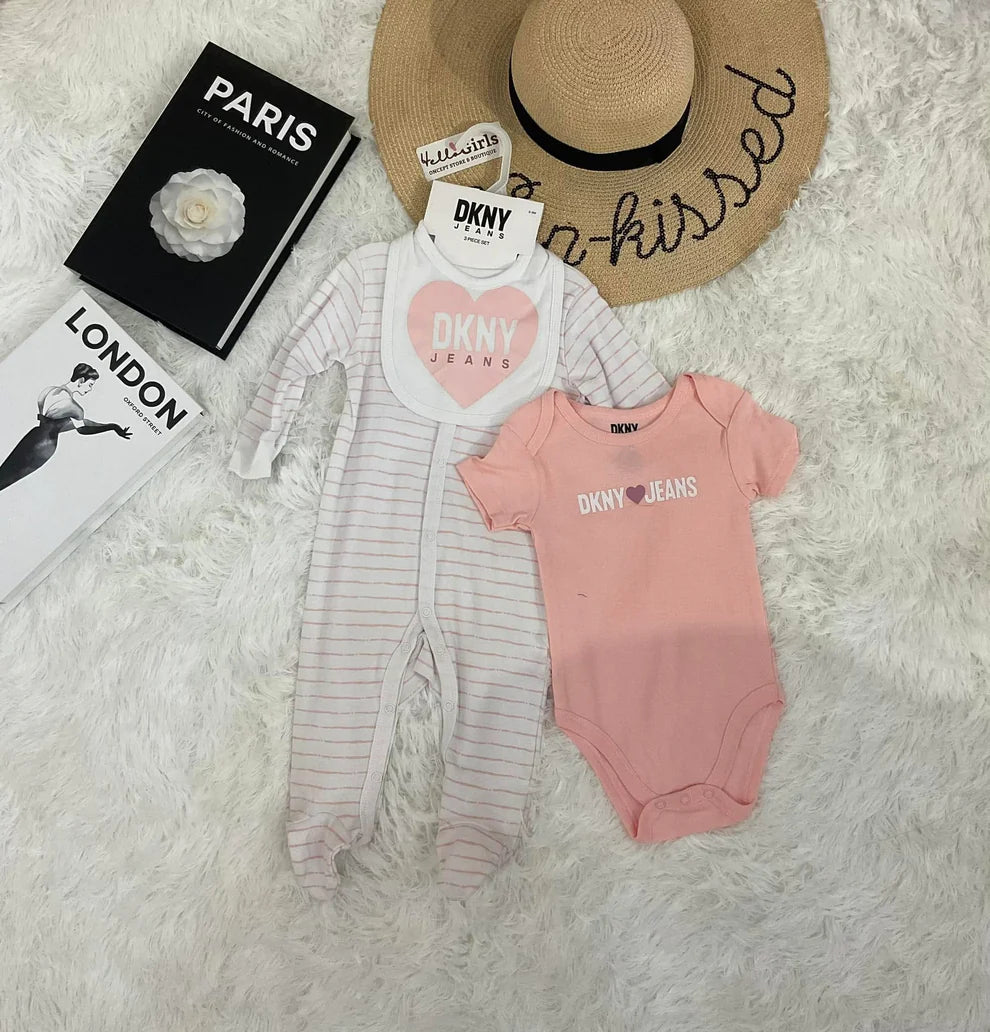 DKNY Baby Girl 3-Piece Set – Bodysuit, Footie, and Bib