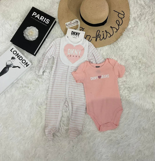 DKNY Baby Girl 3-Piece Set – Bodysuit, Footie, and Bib