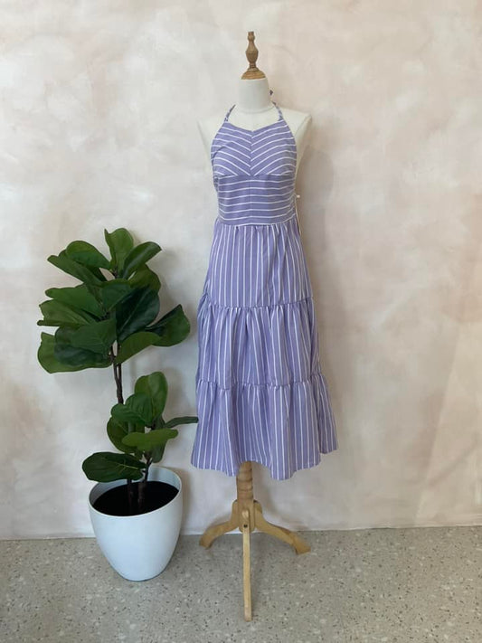 Halter Neck Striped Tiered Midi Dress