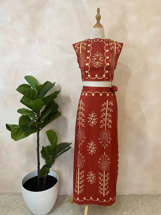 Elegant Printed Crop Top and Wrap Skirt Co-Ord