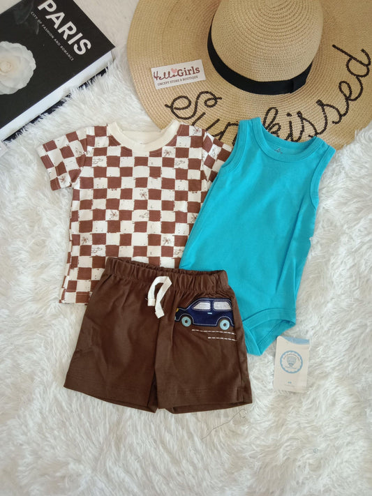 Baby Boy 3-Piece Summer Outfit Set – Printed Top,  Bodysuit & Shorts