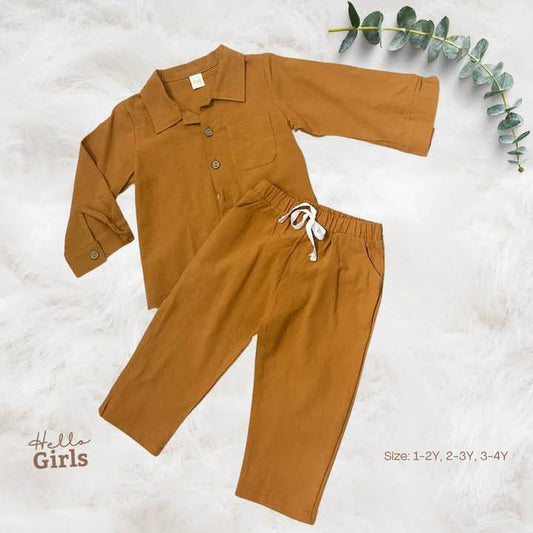 Casual Brown Button-Down Top and Pants Set for Boys