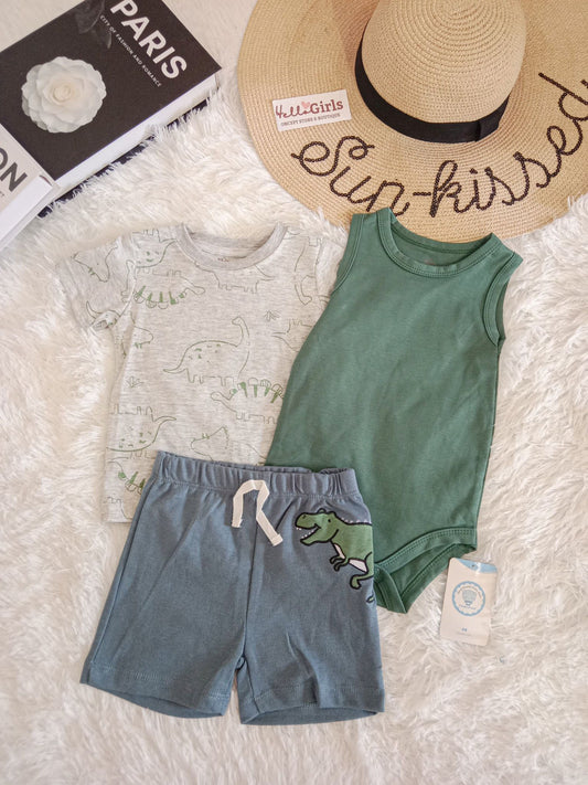 Baby Boy 3-Piece Summer Outfit Set – Printed Top,  Bodysuit & Shorts