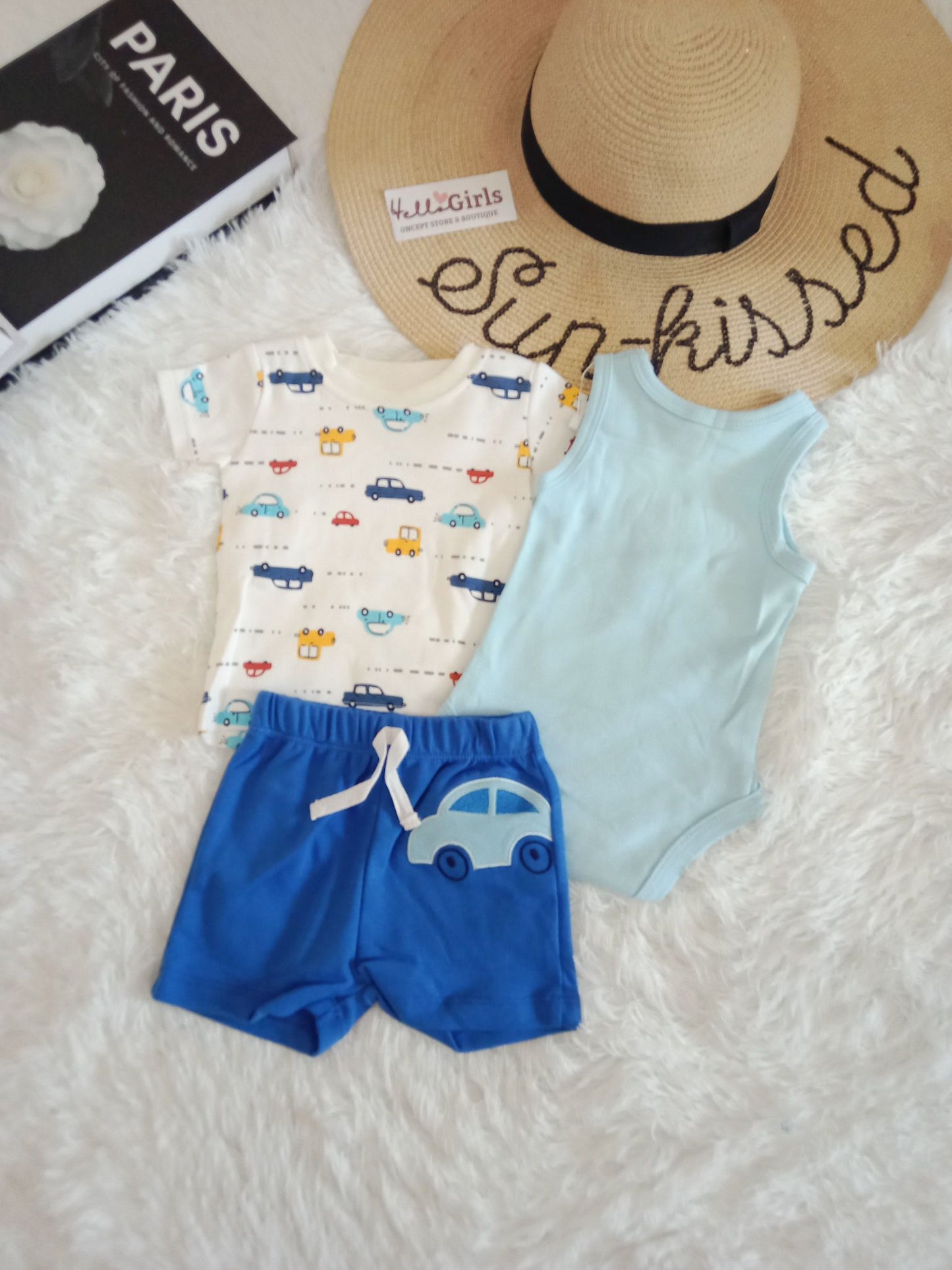 Baby Boy 3-Piece Summer Outfit Set – Printed Top,  Bodysuit & Shorts
