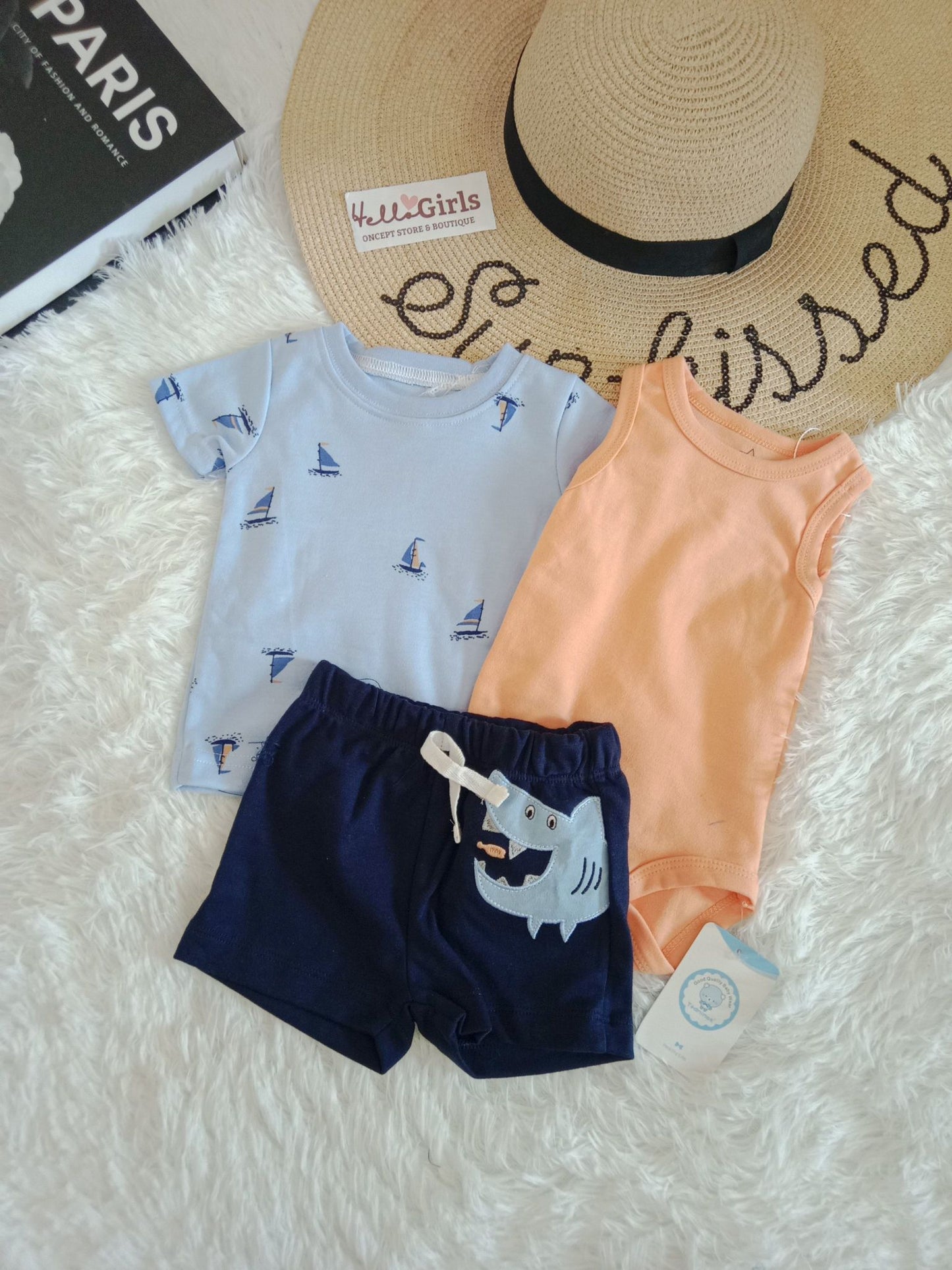 Baby Boy 3-Piece Summer Outfit Set – Printed Top,  Bodysuit & Shorts
